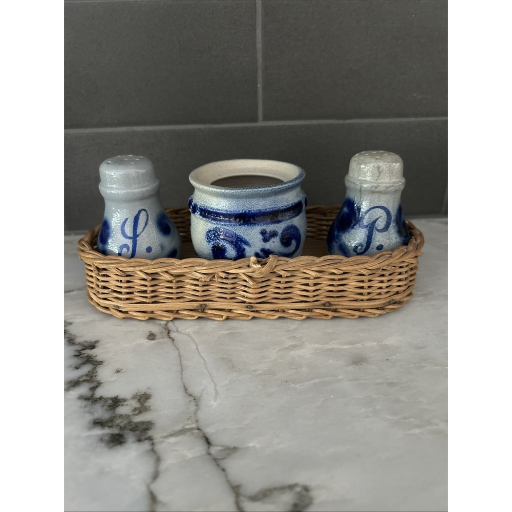 Vintage Stoneware Salt & Pepper Toothpick Holder set POTTERY Cobalt Blue - Picture 14 of 14
